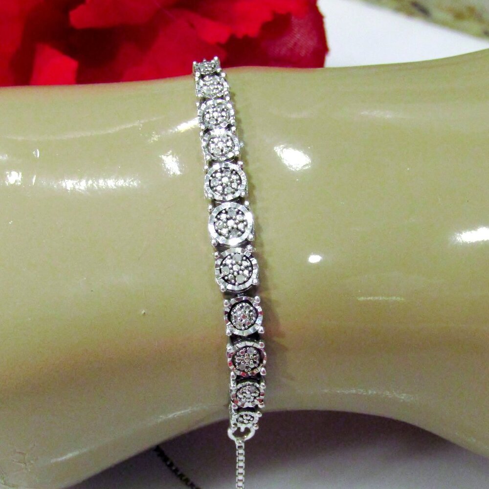 Natural Diamond Cluster Bolo Bracelet Adjustable Sterling Silver Genuine Real